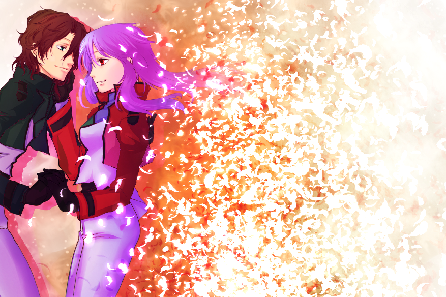 deep ink, misumis, anew returner, lockon stratos, lyle dylandy, gundam, gundam 00, sakura, bad id, bad pixiv id, 00s, 1boy, 1girl, couple, hetero, purple hair