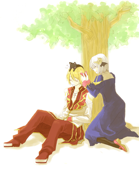 high priest (ragnarok online), priest (ragnarok online), ragnarok online, commentary request, 1boy, 1girl, 2000s (style), animal, animal on head, black cat, black shoes, black socks, black wings, blonde hair, blue dress, brown coat, brown pants, brown shoes, cat, cat on head, closed eyes, coat, cross, cross necklace, dress, full body, gold trim, head wings, jewelry, juliet sleeves, long sleeves, multicolored coat, necklace, on head, open mouth, pants, puffy sleeves, red coat, shoes, short hair, sitting, sleeping, sleeping upright, socks, tree, tsukada tozu, two-tone coat, under tree, white background, white coat, white hair, wings