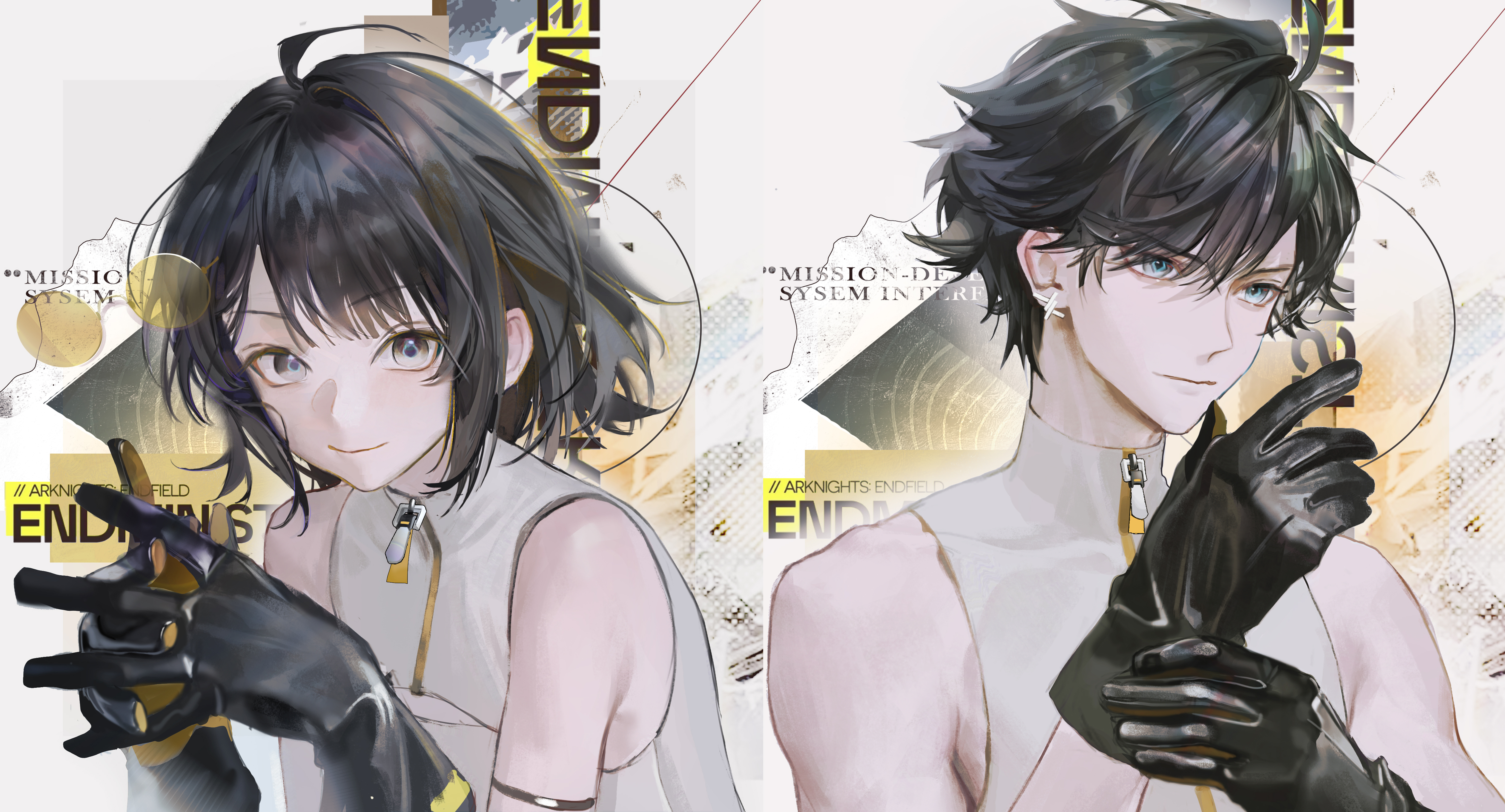 at wang, endministrator (arknights), female endministrator (arknights), male endministrator (arknights), arknights, arknights: endfield, absurdres, chinese commentary, commentary request, highres, 1boy, 1girl, bare shoulders, black gloves, black hair, blue eyes, closed mouth, copyright name, diamond-shaped pupils, diamond (shape), earrings, english text, expressionless, glasses, gloves, jewelry, light smile, looking at viewer, no jacket, no mask, shirt, short hair, single earring, symbol-shaped pupils, upper body, white shirt, zipper