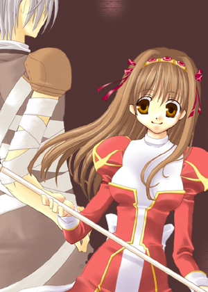 assassin (ragnarok online), high priest (ragnarok online), ragnarok online, lowres, 1boy, 1girl, 2000s (style), back, bandages, bandages over clothes, bow, breasts, brown background, brown eyes, brown hair, closed mouth, dress, grey hair, grey shirt, hair bow, holding, holding staff, juliet sleeves, long hair, long sleeves, medium breasts, puffy sleeves, red bow, red dress, shirt, short hair, simple background, smile, staff, tsukada tozu, two-tone dress, upper body, white dress