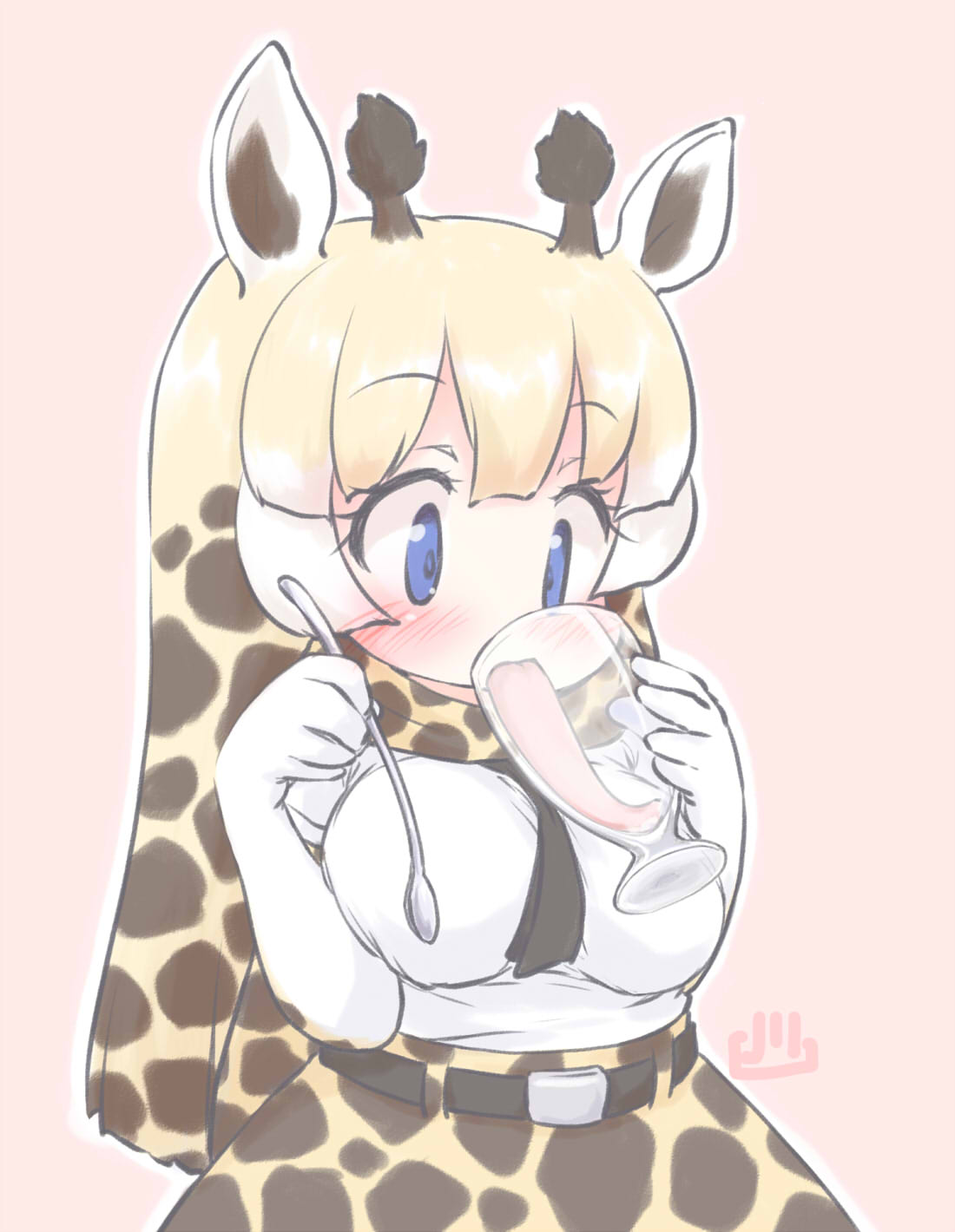 uho (uhoyoshi-o), reticulated giraffe (kemono friends), kemono friends, tagme, 1girl, animal ears, cup, dress, giraffe, giraffe ears, glass, long tongue, pink background, simple background, tongue, tongue out