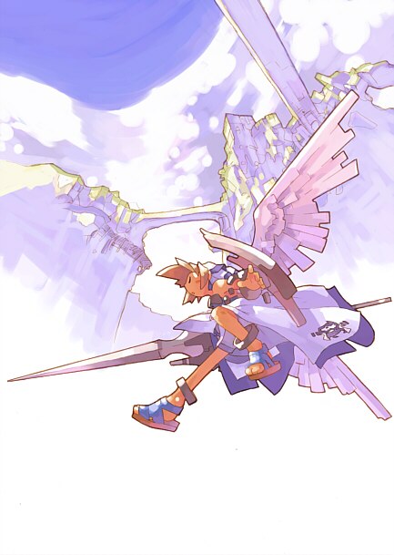 akitsu taira, taira akitu, original, 1girl, brown hair, castle, cloud, day, female focus, polearm, shield, sky, solo, spear, weapon, wings