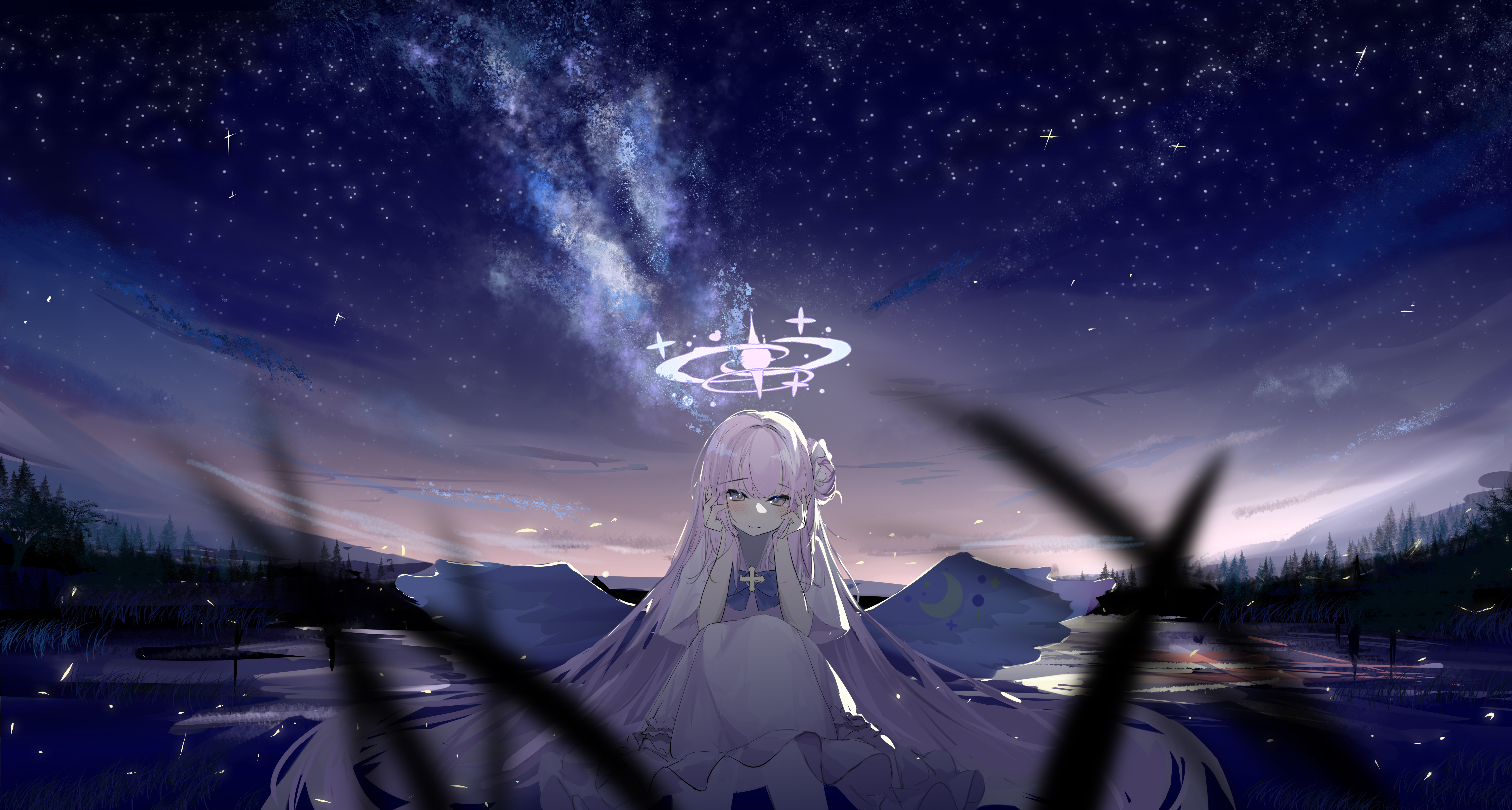 he yue, mika (blue archive), blue archive, absurdres, highres, 1girl, blunt bangs, blush, bow, cross, dress, frills, hair bun, hair intakes, halo, hands on own face, long hair, night, night sky, on floor, outdoors, pink hair, sidelocks, sitting, sky, smile, solo, star (sky), starry sky, very long hair, white dress, wings
