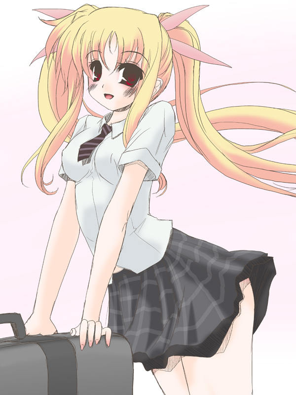 frapowa, fate testarossa, lyrical nanoha, mahou shoujo lyrical nanoha, 00s, necktie, school uniform, skirt, solo