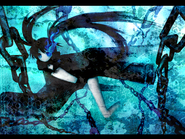 navio, black rock shooter (character), hatsune miku, black rock shooter, vocaloid, 10s, 1girl, arm cannon, chain, coat, female focus, glowing, glowing eyes, solo, swimsuit, trench coat, weapon