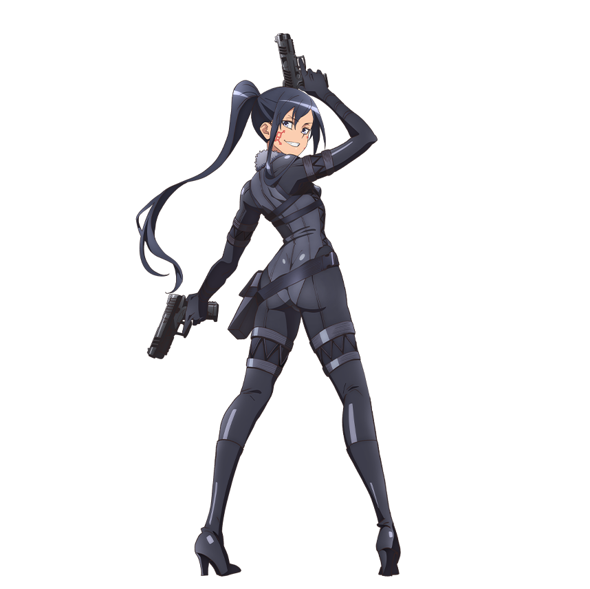 pitohui (sao), sword art online, official art, source request, tagme, 1girl, ass, gun, handgun, smile, weapon