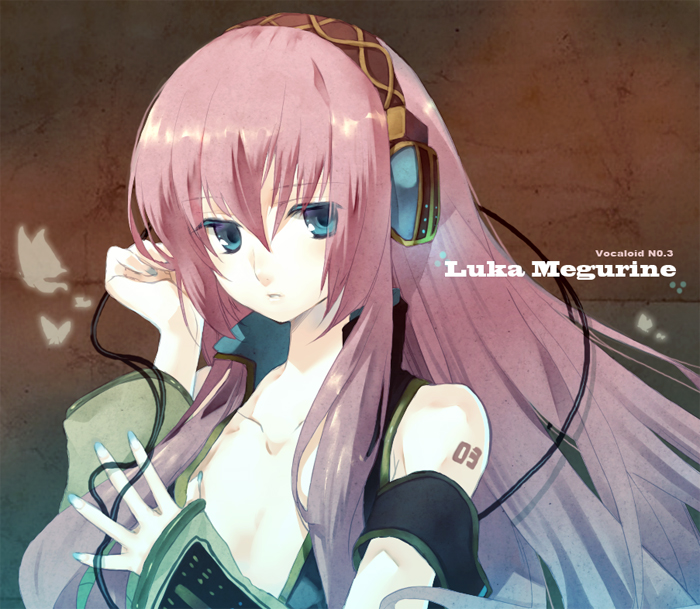 rokuf, megurine luka, vocaloid, 1girl, bare shoulders, blue eyes, bug, butterfly, cable, collarbone, female focus, insect, long hair, looking at viewer, nail polish, pink hair, solo, spread fingers, tattoo, very long hair, wire