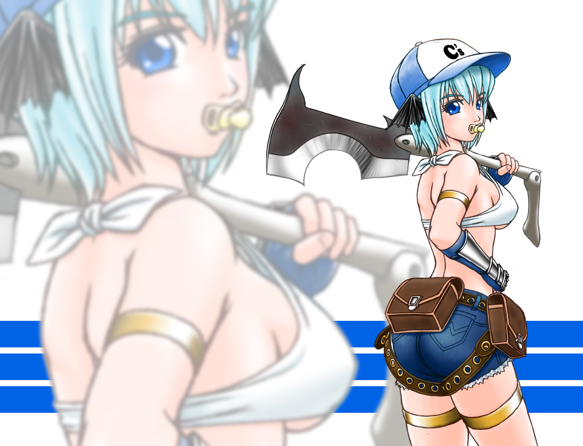 daina rukawa, whitesmith (ragnarok online), ragnarok online, commentary request, 1girl, ass, axe, baseball bat, bat wings, belt, belt pouch, bikini, bikini top only, black wings, blue eyes, blue gloves, blue hair, blue hat, blue shorts, breasts, brown belt, cowboy shot, fingerless gloves, from behind, gloves, hat, head wings, holding, holding axe, looking at viewer, looking back, medium breasts, pacifier, pouch, short hair, short shorts, shorts, sideboob, swimsuit, white background, white bikini, wings, zoom layer