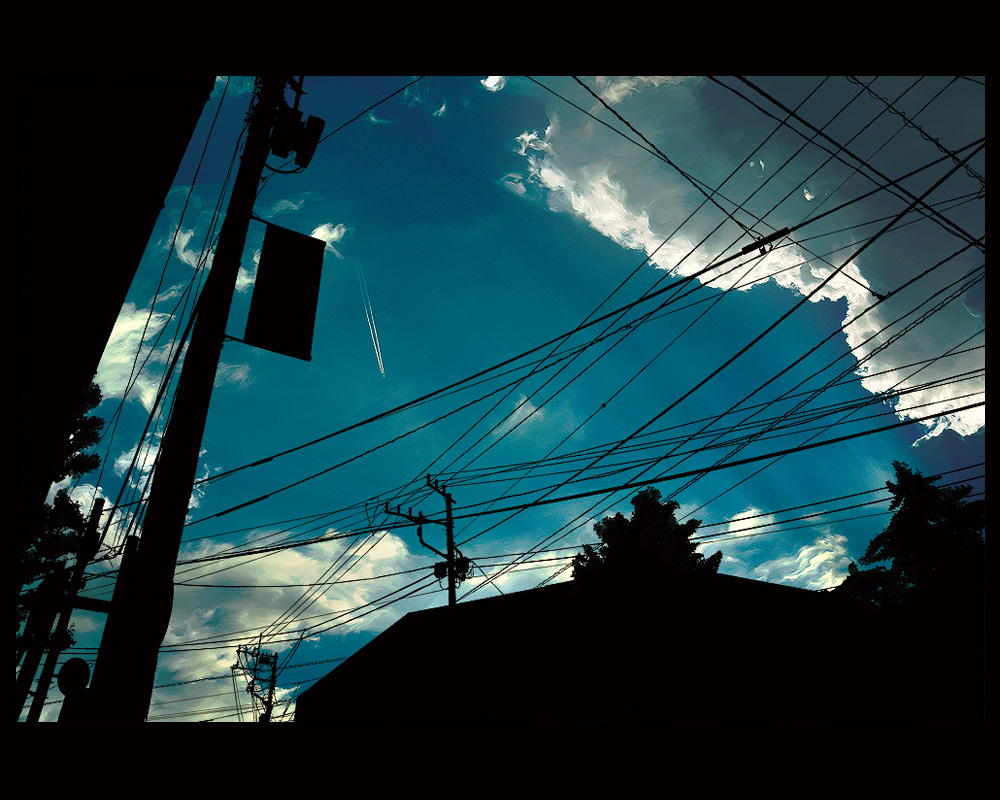 sarugetty, shimei jien, original, border, cloud, contrail, house, letterboxed, night, no humans, outdoors, pole, power lines, scenery, sign, silhouette, sky, tree, utility pole