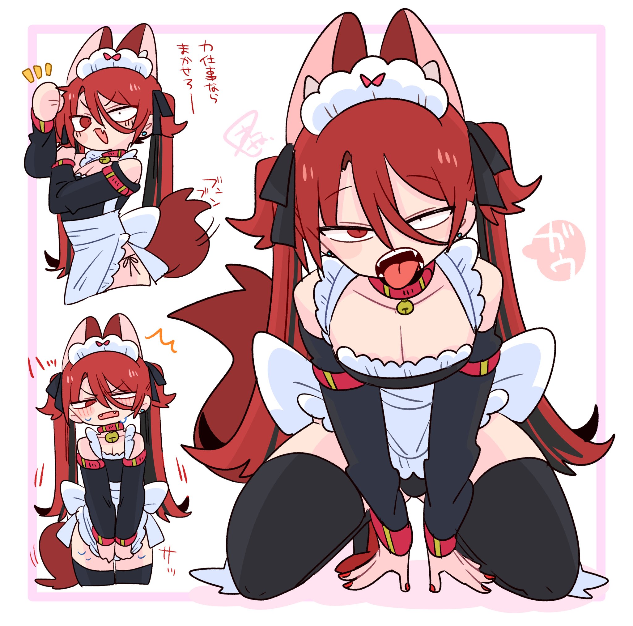 op na yarou, original, commentary, highres, translation request, 1boy, :o, ^^^, alternate costume, animal ear fluff, animal ears, apron, arm up, arms between legs, atopi (op na yarou), bare shoulders, bell, black bow, black dress, black hair, black panties, black sleeves, black streaks, black thighhighs, blush, bow, bulge, chibi, clothes grab, collar, collarbone, covering crotch, covering privates, cowboy shot, crossdressing, crossdressing (mtf), detached sleeves, dog boy, dog ears, dog tail, dress, earrings, embarrassed, enmaided, extra ears, fang, fangs, frilled apron, frills, full body, hair between eyes, hair bow, hand up, holding own arm, jewelry, jingle bell, kneeling, large bow, leaning forward, light blush, long hair, long sleeves, looking at viewer, looking down, maid, maid apron, maid headdress, male focus, male maid, mismatched pupils, motion lines, multicolored hair, multiple views, nail polish, narrowed eyes, neck bell, no nose, open mouth, panties, pectoral cleavage, pectorals, red collar, red eyes, red hair, red nails, red shoes, red tail, shoes, side-tie panties, sidelocks, simple background, skin fang, speech bubble, standing, stud earrings, tail, teeth, thighhighs, thighs, tongue, tongue out, twintails, two-tone hair, two side up, unconventional maid, underwear, v-shaped eyebrows, v arms, very long hair, waist apron, watermark, white apron, white background, white bow, white headdress