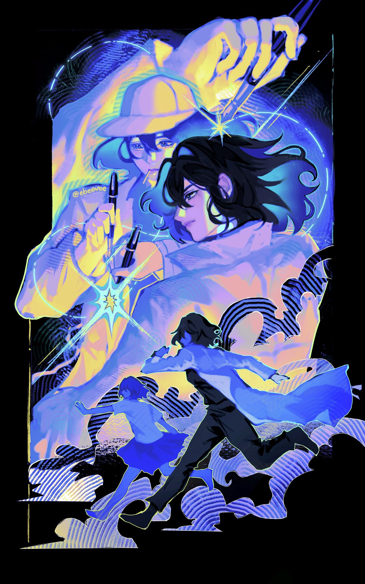 evie (baoxiao), han sooyoung, omniscient reader's viewpoint, commentary, english commentary, highres, 1other, 4girls, abstract, age progression, baseball cap, black eyes, black hair, black shirt, black skirt, bob cut, coat, full body, glowing, glowing hair, hair flowing over, hand up, hat, holding, holding pen, limited palette, lollipop in mouth, multiple boys, multiple girls, multiple persona, multiple views, out of frame, painterly, pen, running, saturated, serious, shirt, short hair, size difference, skirt, sparkle, white coat, white shirt, wind, wind lift