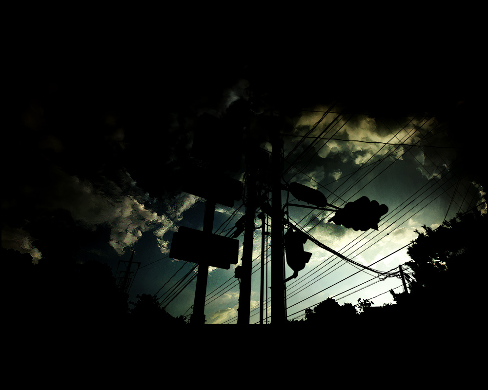 sarugetty, shimei jien, bad id, bad pixiv id, cloud, dark, night, no humans, pole, power lines, scenery, shadow, silhouette, traffic light, wire