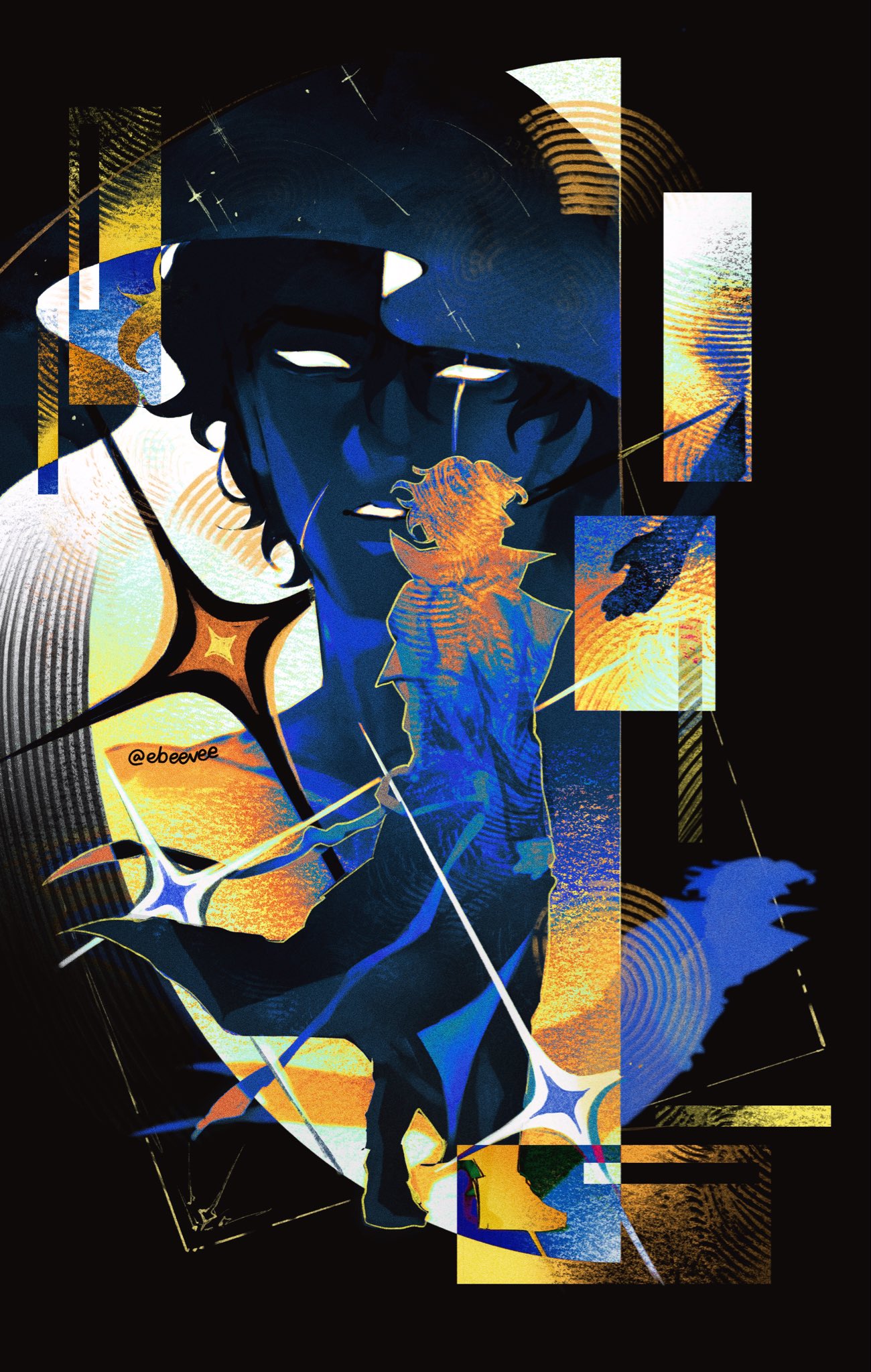 evie (baoxiao), secretive plotter, yoo joonghyuk, omniscient reader's viewpoint, highres, 2boys, abstract, black coat, black hair, cloak, coat, disembodied arm, dual persona, empty eyes, full body, glowing, glowing eyes, head tilt, hood, hood up, hooded cloak, male focus, meteor shower, multiple boys, open clothes, open coat, outstretched arm, painterly, parted lips, popped collar, reaching, reaching towards another, revealing layer, saturated, scar, scar across eye, scar on face, shadow, short hair, size difference, standing, starry sky print