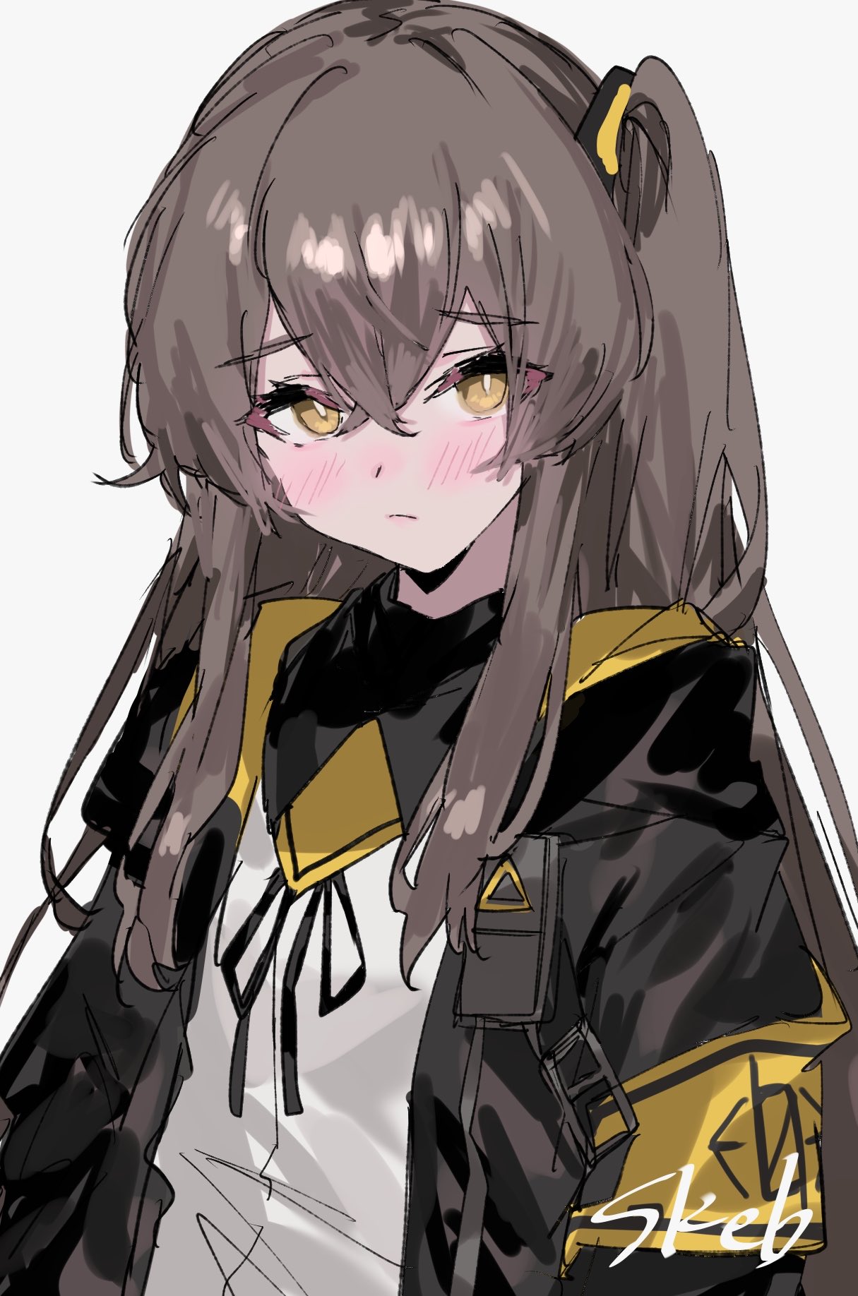 aogisa, ump45 (girls' frontline), girls' frontline, commission, highres, skeb commission, 1girl, 404 logo (girls' frontline), armband, blush, brown hair, jacket, long hair, one side up, scar, scar across eye, scar on face, shirt, smile, solo, white shirt, yellow armband, yellow eyes
