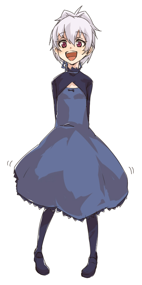 mune, yin (darker than black), darker than black, 00s, 1girl, :d, arms behind back, blue dress, dress, female focus, flat chest, open mouth, pantyhose, ponytail, purple eyes, red eyes, smile, solo, white hair
