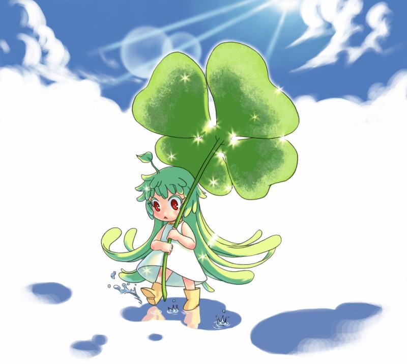 6bi, lif (ragnarok online), ragnarok online, chinese commentary, commentary request, 1girl, blue sky, boots, cloud, clover, day, dress, four-leaf clover, full body, green hair, long hair, looking down, outdoors, plant hair, puddle, red eyes, sky, sleeveless, sleeveless dress, solo, sun, triangle mouth, very long hair, water, white dress, yellow boots