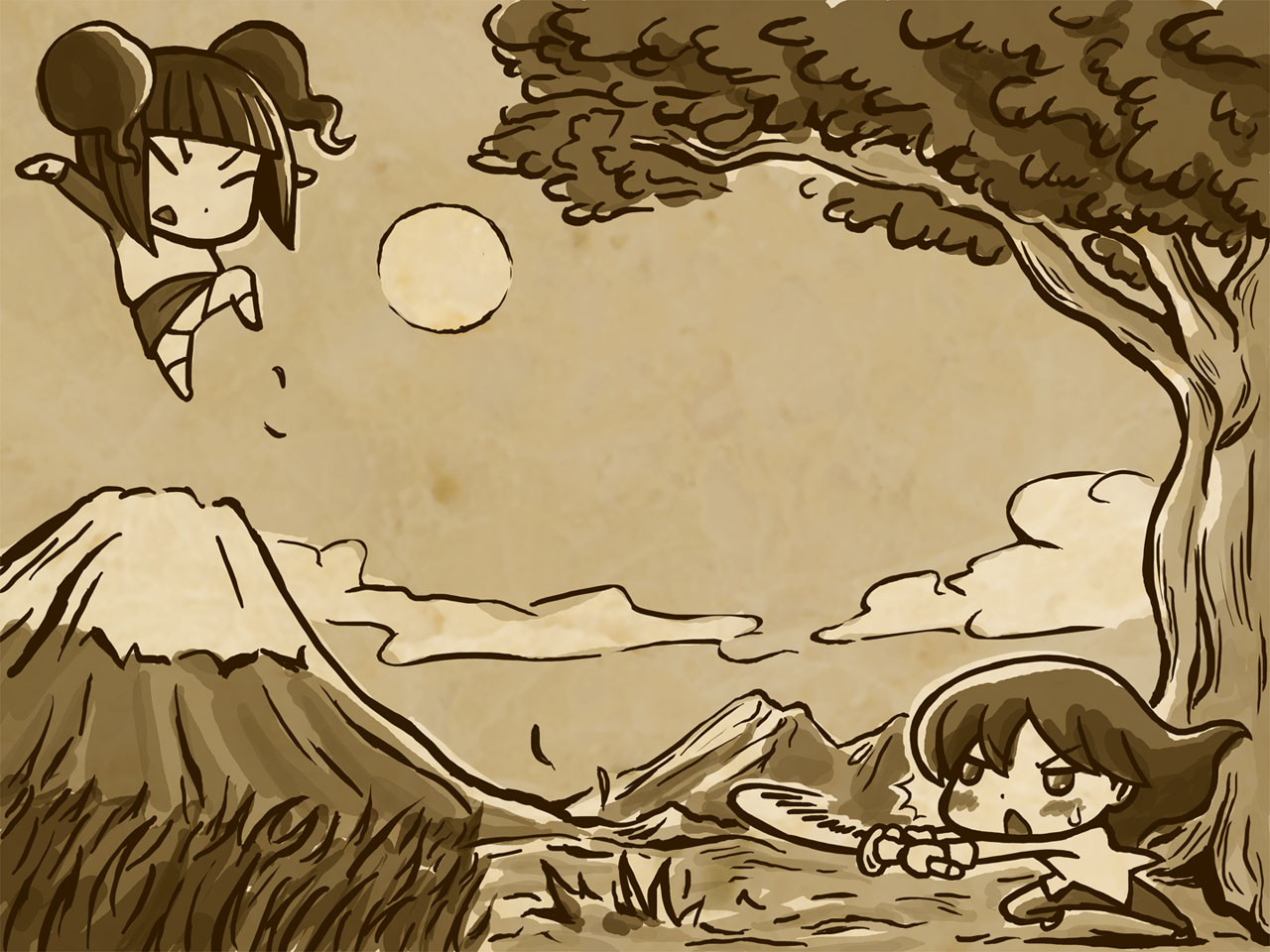 riyo (lyomsnpmp), kisaragi chihaya, takatsuki yayoi, idolmaster, idolmaster (classic), idolmaster 1, 2girls, fine art parody, long hair, monochrome, multiple girls, nihonga, panties, parody, raglan sleeves, sepia, short hair, skirt, sumi-e, sword, twintails, underwear, weapon