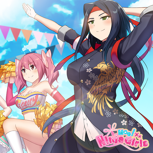 fuma lily, momochi myu, moe! ninja girls, commentary, english commentary, official art, 2girls, arm up, blue hair, blue sky, breasts, cheerleader, cleavage, copyright logo, copyright name, day, gloves, green eyes, kneehighs, large breasts, logo, long hair, midriff, multiple girls, outdoors, pink eyes, pink hair, pom pom (cheerleading), skirt, sky, smile, socks, twintails, very long hair, white socks