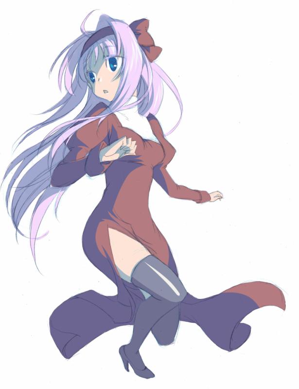 6bi, priest (ragnarok online), ragnarok online, chinese commentary, commentary request, 1girl, alternate color, black thighhighs, blue eyes, breasts, brown dress, brown hairband, dress, full body, hair intakes, hairband, juliet sleeves, long hair, long sleeves, looking afar, looking to the side, medium breasts, open mouth, pink hair, puffy sleeves, side slit, simple background, solo, thighhighs, white background