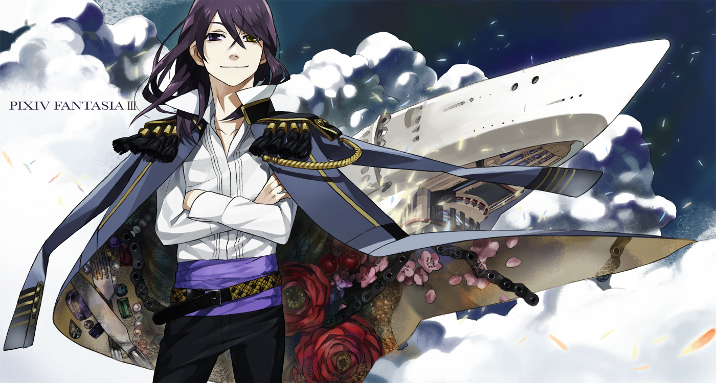 nishihara isao, pixiv fantasia, pixiv fantasia 3, uniform, bad id, bad pixiv id, 1boy, aircraft, airship, belt, chain, cloud, flower, flying, heterochromia, male focus, petals, purple eyes, purple hair, rose, ship, sky, soldier, solo, watercraft, yellow eyes