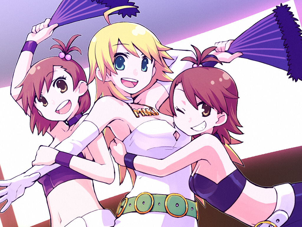 chan co, futami ami, futami mami, hoshii miki, idolmaster, idolmaster (classic), idolmaster 1, 00s, 3girls, ahoge, belt, blonde hair, breasts, brown eyes, brown hair, cleavage, cleavage cutout, clothing cutout, dress, elbow gloves, gloves, green eyes, hair bobbles, hair ornament, hand fan, jewelry, midriff, multiple girls, navel, necklace, short hair, siblings, side ponytail, sisters, twins, wink