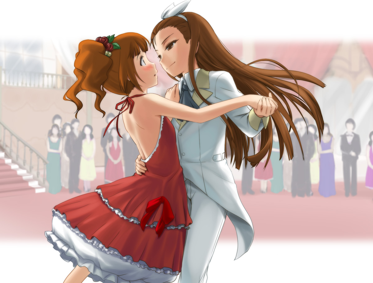 zanzi, minase iori, takatsuki yayoi, idolmaster, idolmaster (classic), idolmaster 1, 00s, 2girls, blush, brown eyes, brown hair, dancing, dress, formal clothes, hairband, long hair, multiple girls, pant suit, pants, ponytail, ribbon, short hair, suit, twintails, yuri