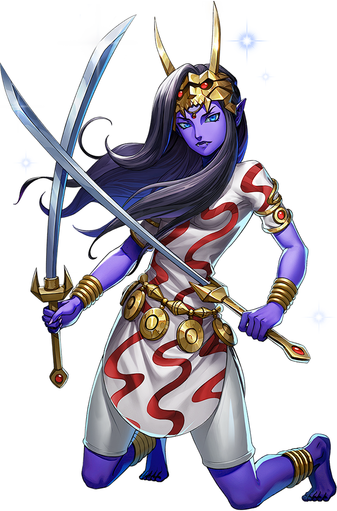 yaksini (megami tensei), persona, persona 5, persona 5: the phantom x, shin megami tensei, artist request, official art, third-party source, 1girl, anklet, black hair, blue eyes, bracelet, breasts, colored skin, demon (megami tensei), dress, dual wielding, fangs, gold anklet, gold bracelet, holding, holding sword, holding weapon, jewelry, kneeling, pointy ears, purple skin, shorts, solo, sword, transparent background, two-tone dress, weapon, white dress, white shorts