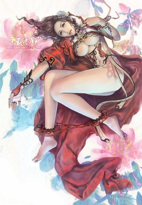 eat, eat0123, original, 1girl, barefoot, breasts, brown hair, chain, feet, female focus, legs, lips, lying, midriff, navel, robe, solo, tattoo, underboob