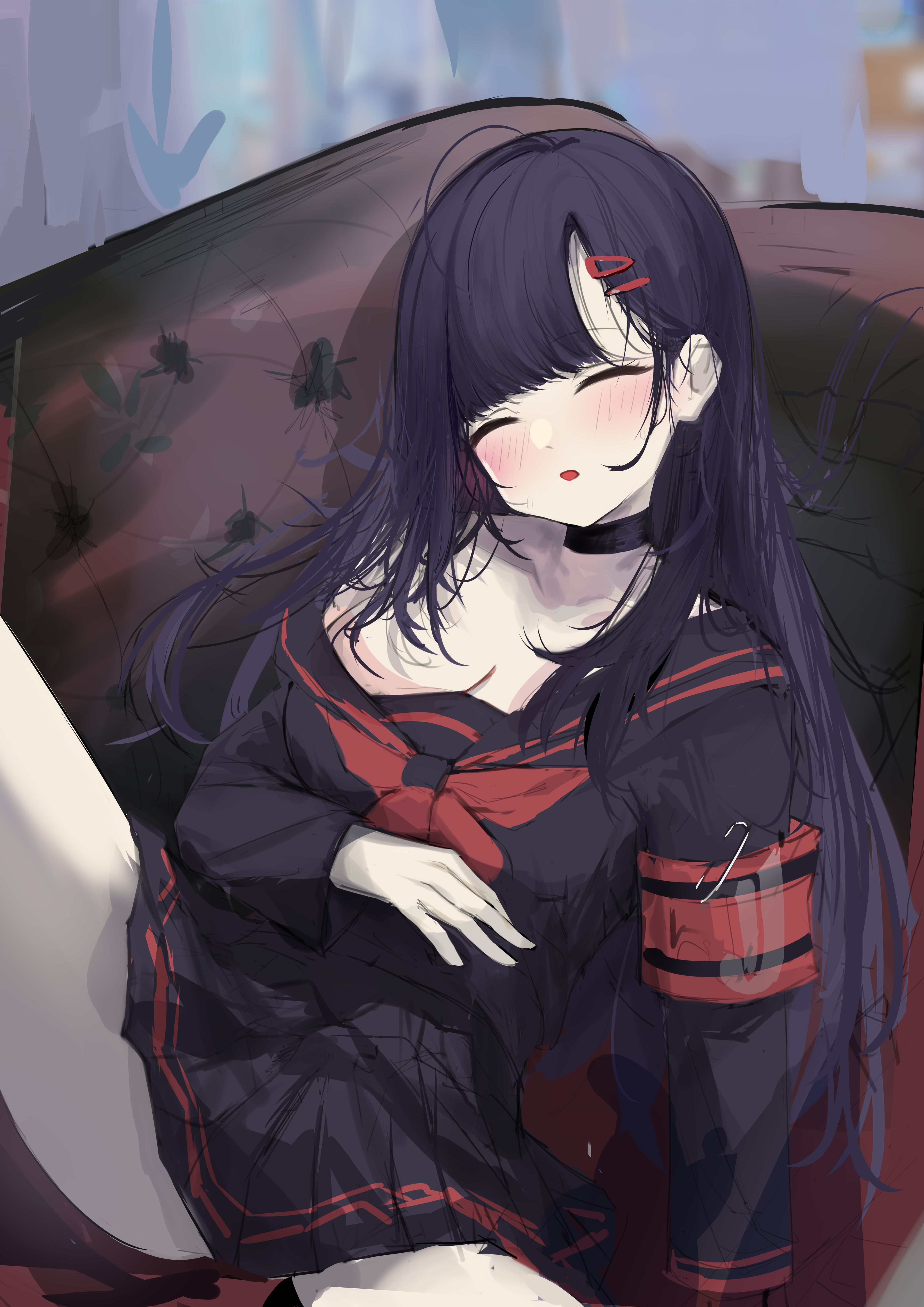 he yue, ichika (blue archive), blue archive, absurdres, highres, 1girl, :o, armband, asymmetrical bangs, bare shoulders, black hair, blush, bow, breasts, choker, cleavage, closed eyes, collarbone, couch, hair ornament, hairclip, knees up, large breasts, legs apart, long hair, lying, miniskirt, off-shoulder shirt, off shoulder, on back, open mouth, pleated skirt, safety pin, school uniform, serafuku, shirt, sidelocks, skirt, sleeping, solo