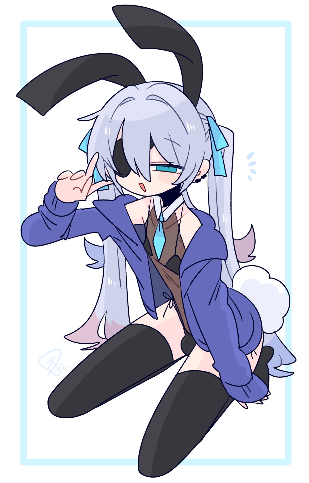 op na yarou, original, commentary, highres, 1boy, animal ear hairband, animal ears, armpit crease, bare shoulders, black bra, black hairband, black leotard, black panties, black thighhighs, blue bow, blue cardigan, blue eyes, blue hair, blue necktie, bow, bra, bulge, cardigan, collarbone, colored tips, crossdressing, crossdressing (mtf), double-parted bangs, dutch angle, earclip, eyepatch, fake animal ears, fake tail, flipped hair, from above, full body, hair between eyes, hair bow, hair intakes, hairband, hand up, legs apart, leotard, light blush, long hair, long sleeves, male focus, multicolored hair, narrowed eyes, necktie, no nose, no shoes, off shoulder, one eye covered, open cardigan, open clothes, open mouth, panties, quad tails, rabbit ear hairband, rabbit ears, rabbit tail, raised eyebrows, red hair, rigel (op na yarou), see-through clothes, see-through leotard, seiza, side-tie panties, sidelocks, simple background, sitting, sleeves past wrists, solo, straight hair, tail, thighhighs, thighs, trap, underwear, v, very long hair, watermark, white background, white hair