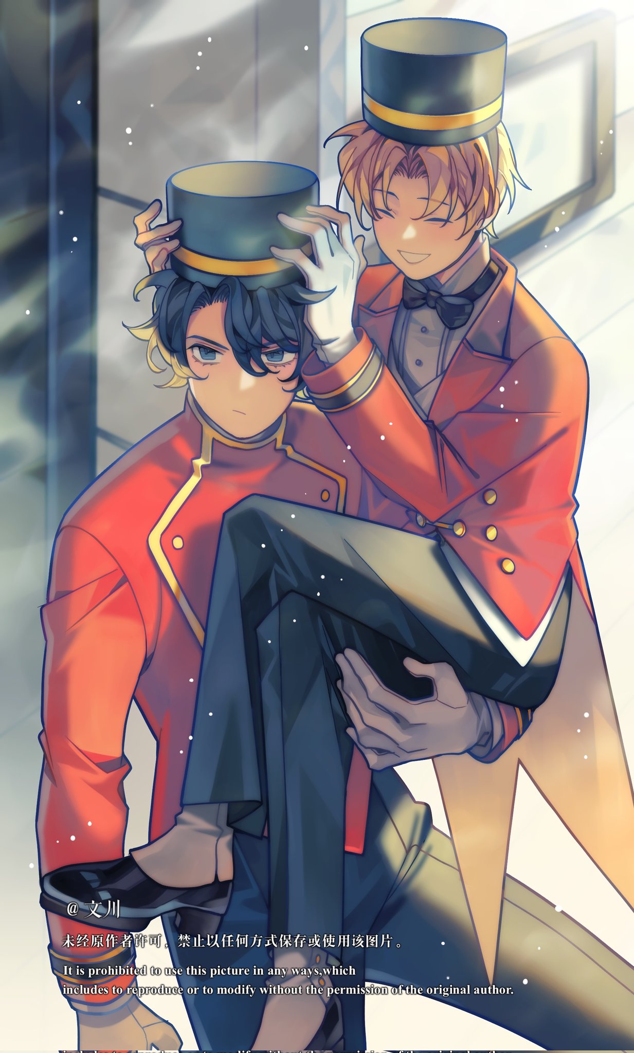 yoo joonghyuk, omniscient reader's viewpoint, commentary, english commentary, highres, 2boys, black eyes, black hair, blonde hair, bow, bowtie, carrying, carrying person, cheon inho, coat, fog, full body, hand on another's hat, hand on another's leg, hat, looking at viewer, male focus, matching outfits, multiple boys, nicayuko, red coat, serious, shirt, short hair, snow, snowing, white shirt