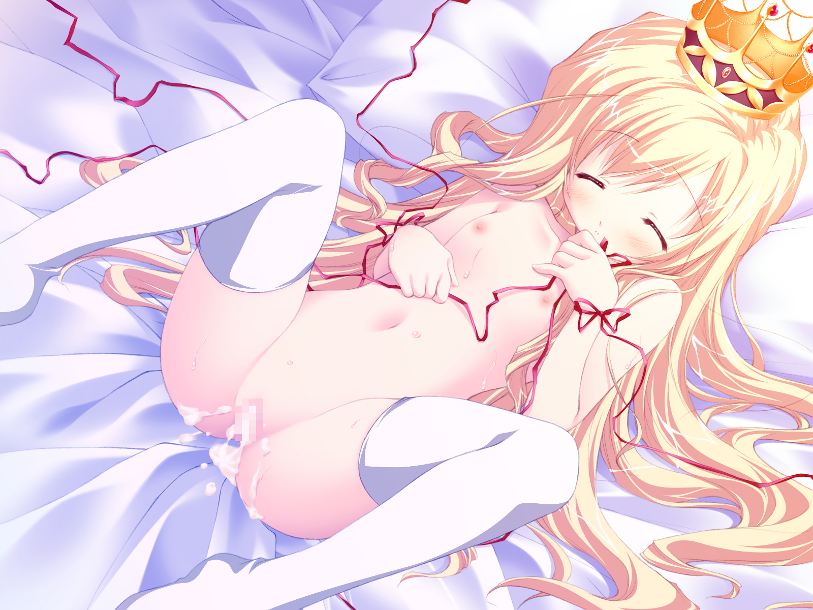chikotam, arietta (lyrical lyric), lyrical lyric, marmalade (company), game cg, highres, 1girl, bed, blonde hair, blue eyes, censored, closed eyes, crown, cum, cum in pussy, female focus, flat chest, loli, long hair, mosaic censoring, nipples, nude, pussy, ribbon, solo, spread legs, thighhighs, white thighhighs
