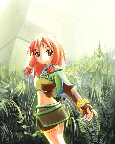 ei (eikun), hunter (ragnarok online), ragnarok online, commentary request, lowres, 1girl, 2000s (style), breasts, brown eyes, brown gloves, brown shirt, brown shorts, brown skirt, closed mouth, cowboy shot, cropped jacket, elbow gloves, field, fingerless gloves, gloves, grass, jacket, looking at viewer, looking to the side, medium hair, midriff, miniskirt, outdoors, pink hair, reaching, reaching towards viewer, shirt, short shorts, short sleeves, shorts, shorts under skirt, sidelocks, skirt, small breasts, smile, solo, tower, white jacket