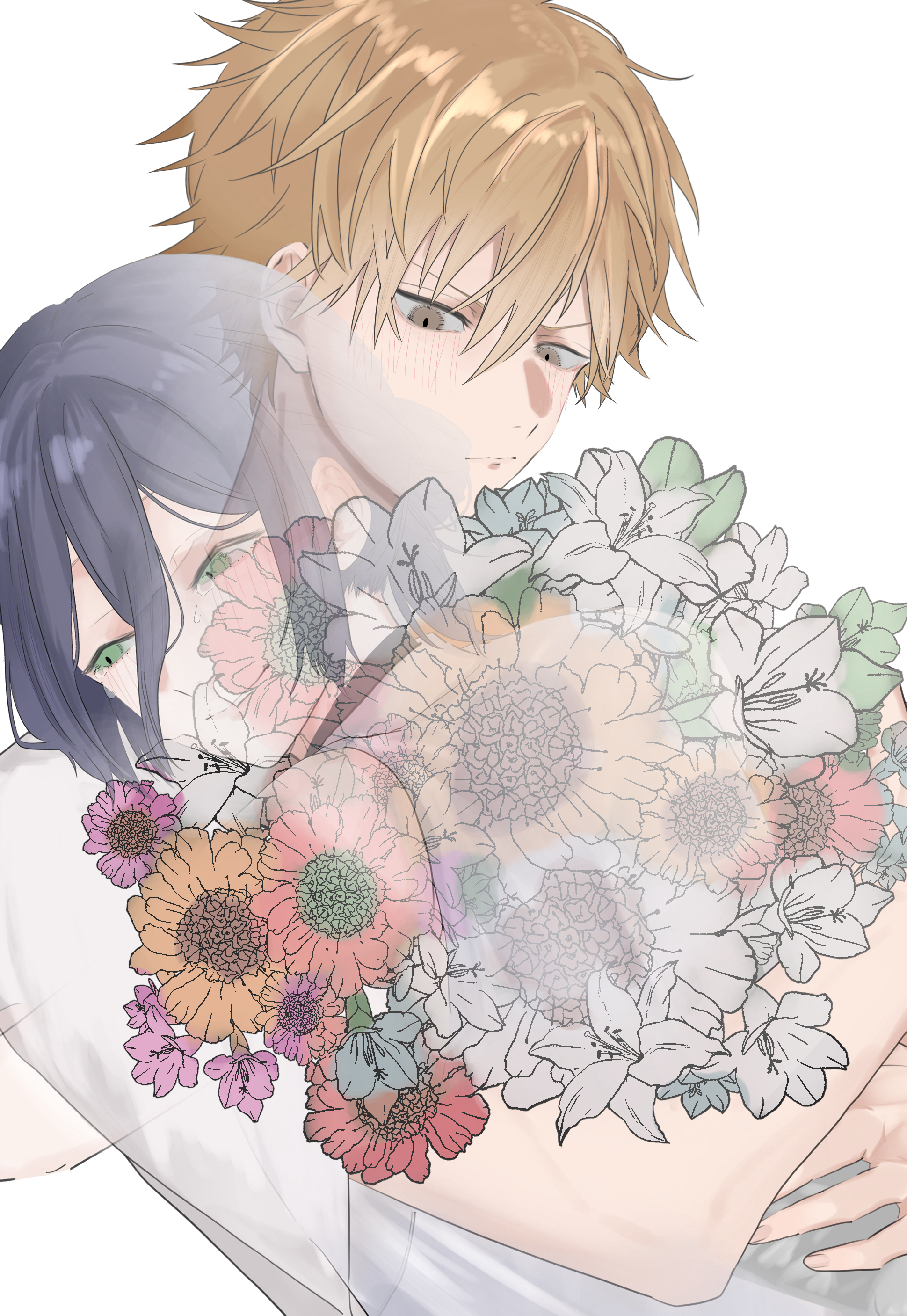 denji (chainsaw man), reze (chainsaw man), chainsaw man, absurdres, commentary request, highres, 1boy, 1girl, black hair, blonde hair, bouquet, flower, green eyes, grey eyes, hair between eyes, holding, holding bouquet, hug, shonimon, short hair, simple background, white background