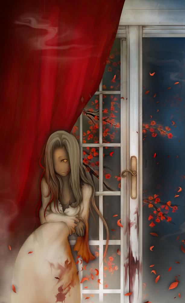 taron (tatataron), bad id, bad pixiv id, branch, brown hair, curtains, dark-skinned female, dark skin, door, dress, glass, leaf, solo, tree, window