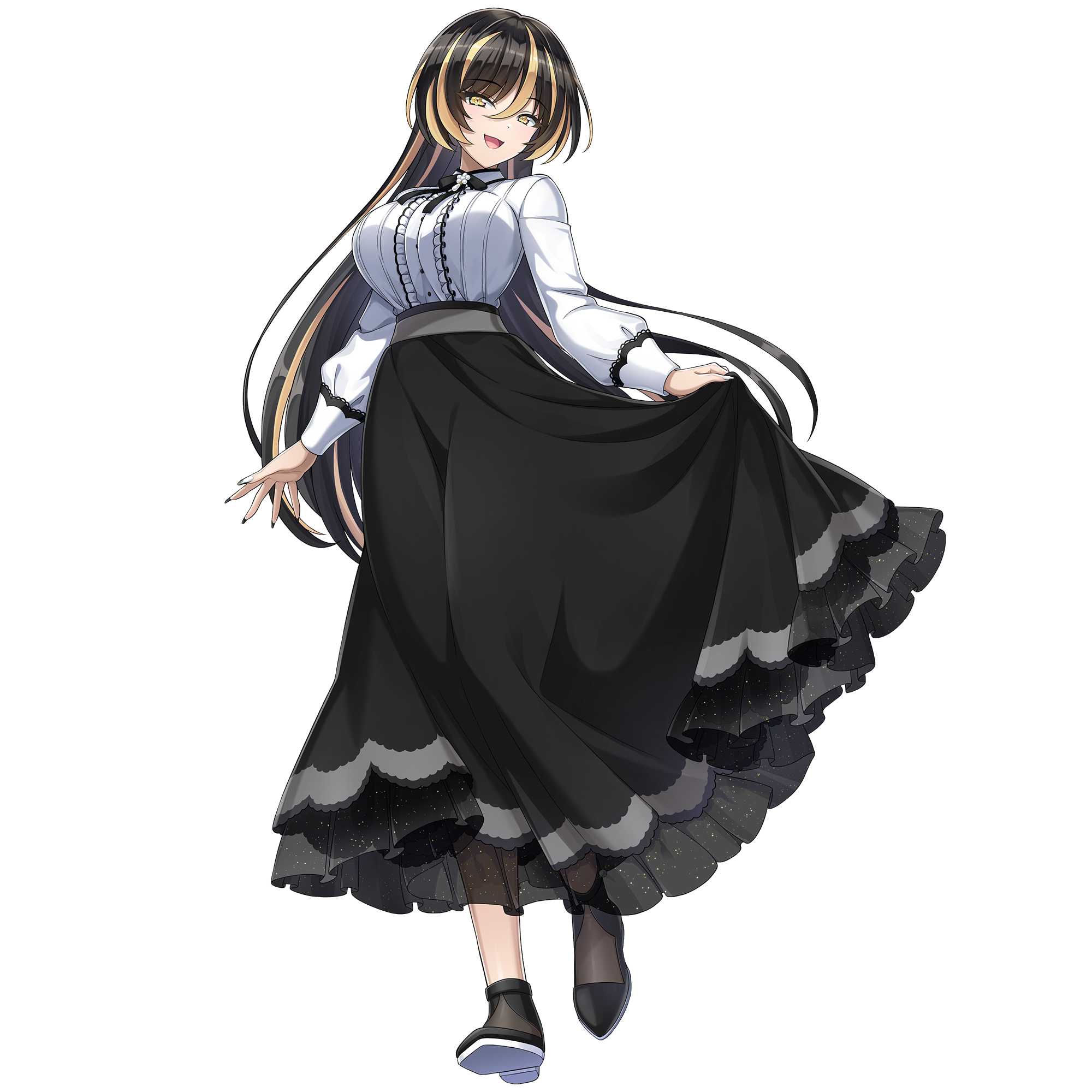 ootomo takuji, amadea wolfa, dolphin wave, game cg, highres, non-web source, official art, 1girl, black dress, black hair, blonde streaks, breasts, casual, curtsey, dress, large breasts, long hair, long sleeves, looking at viewer, nail polish, open mouth, smile, solo, striped hair, transparent background, yellow eyes