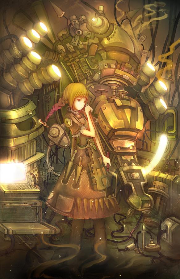 taron (tatataron), original, md5 mismatch, resolution mismatch, source larger, 1girl, braid, brown hair, cable, female focus, machine, screwdriver, skirt, solo, wire