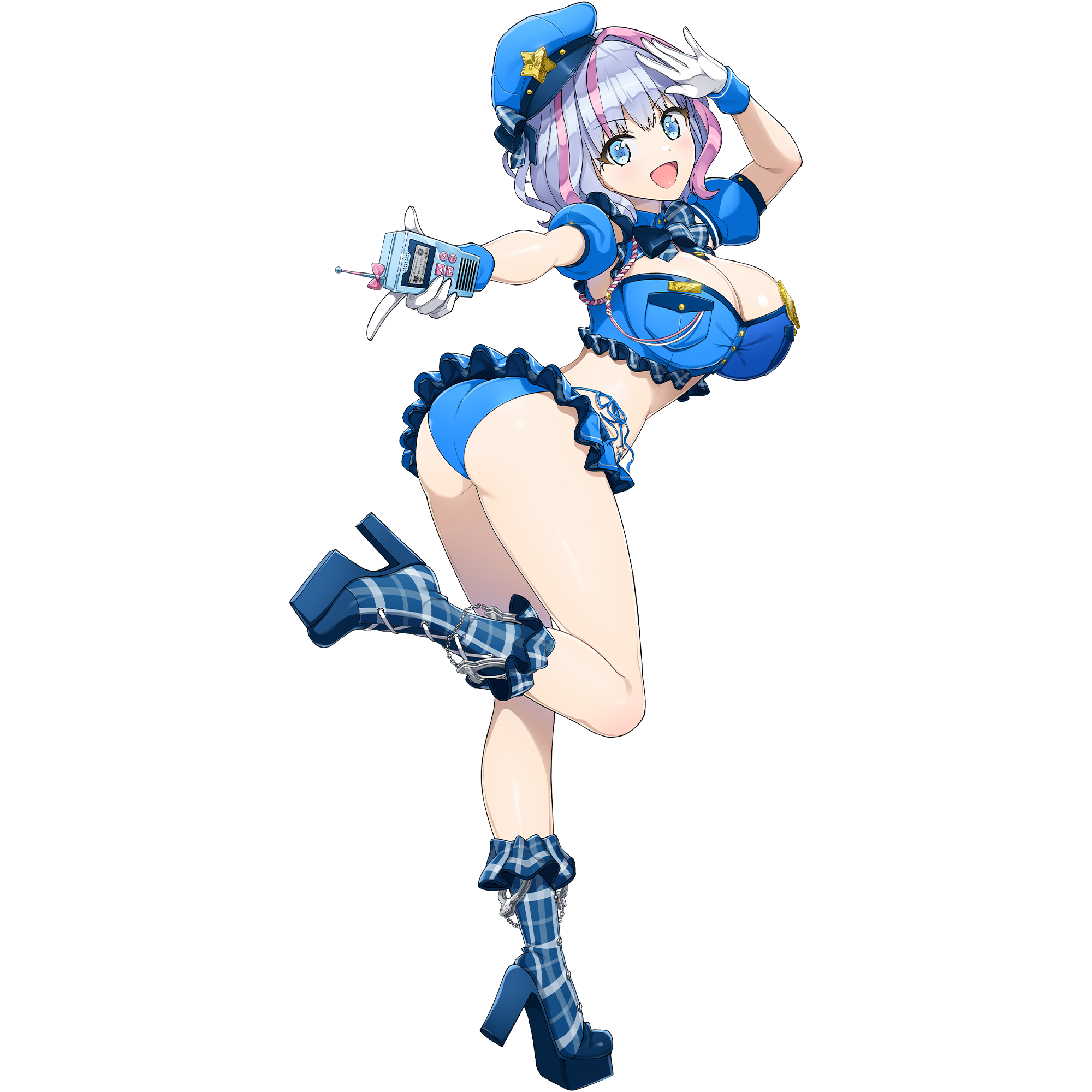 ootomo takuji, kukuri tomo, dolphin wave, game cg, highres, non-web source, official art, 1girl, ass, ass focus, bikini, blue bikini, blue hair, breasts, cleavage, gloves, high heels, holding, holding walkie-talkie, large breasts, leg up, looking at viewer, open mouth, pink hair, pink streaks, police, police uniform, policewoman, salute, smile, solo, swimsuit, transparent background, walkie-talkie, white gloves