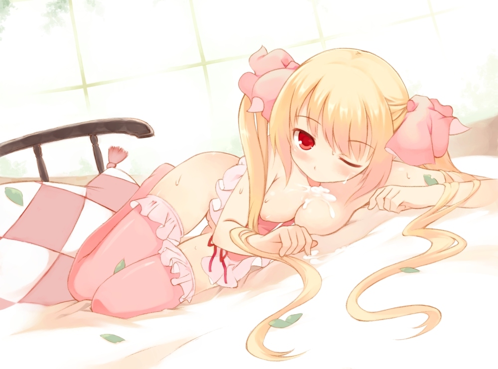 kurasuke, 1girl, argyle clothes, argyle pillow, bed, blonde hair, bow, breasts, cleavage, cum, female focus, hair between eyes, hair ribbon, hip focus, indoors, licking, long hair, looking at viewer, lying, nipples, no bra, no panties, on side, one eye closed, petals, pillow, pink thighhighs, pussy, red eyes, ribbon, solo, suggestive fluid, sweat, thigh gap, thighhighs, thighs, tongue, twintails, very long hair, wink