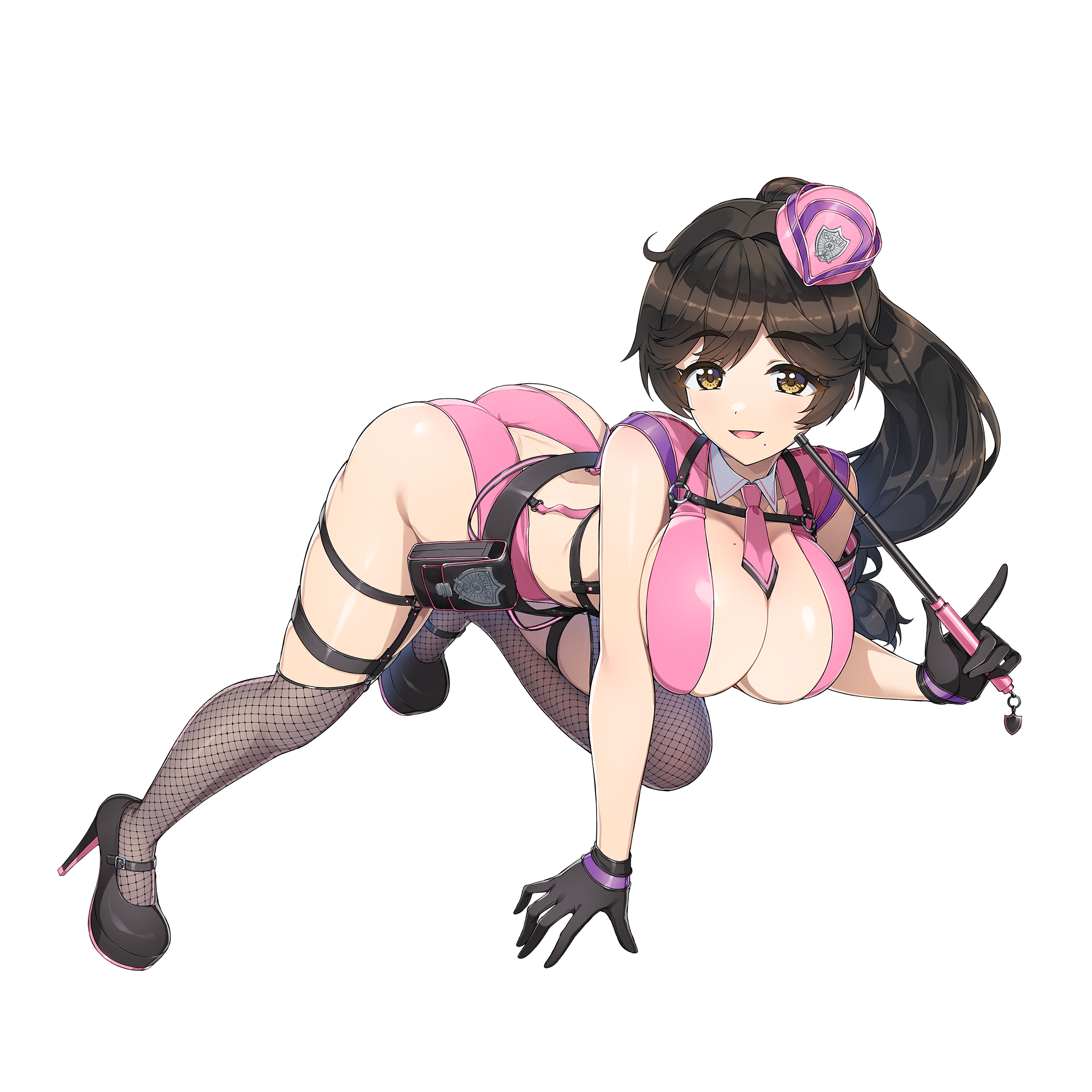 ootomo takuji, yamaba yume, dolphin wave, game cg, highres, non-web source, official art, 1girl, baton (weapon), black gloves, breasts, brown eyes, brown hair, fishnet thighhighs, fishnets, gloves, hat, high heels, large breasts, leaning on object, long hair, looking at viewer, low-tied long hair, mole, mole on breast, mole under mouth, necktie, open mouth, pink necktie, police, police hat, police uniform, policewoman, ponytail, smile, solo, thighhighs, transparent background, weapon