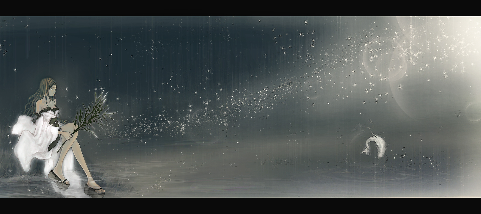 taron (tatataron), light, bad id, bad pixiv id, highres, branch, brown hair, dress, feathers, fish, letterboxed, night, rain, solo, spell, star (symbol)