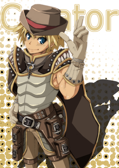 nura, creator (ragnarok online), ragnarok online, commentary request, 1boy, belt, belt pouch, blonde hair, blue eyes, brown background, brown belt, brown cape, brown hat, brown pants, cape, character name, closed mouth, cowboy shot, finger gun, gloves, grey gloves, grey shirt, hand up, hat, looking at viewer, male focus, pants, pouch, shirt, short hair, sleeveless, sleeveless shirt, smile, solo, v-shaped eyebrows, white background