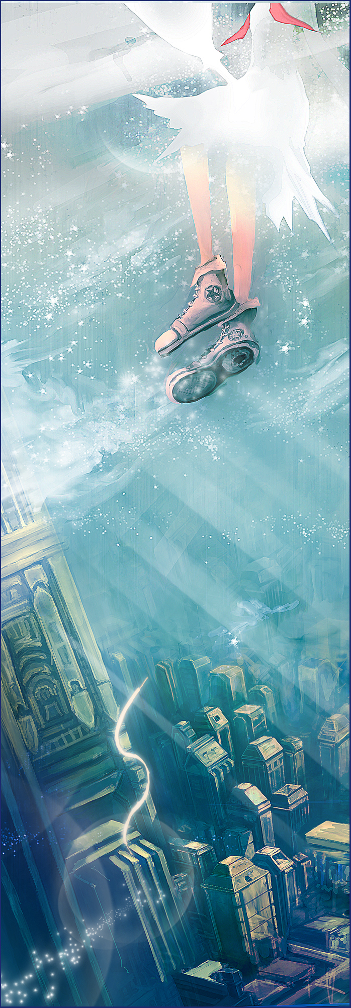 taron (tatataron), original, light, bad id, bad pixiv id, highres, building, city, leggings, shoes, skirt, sneakers, star (symbol)