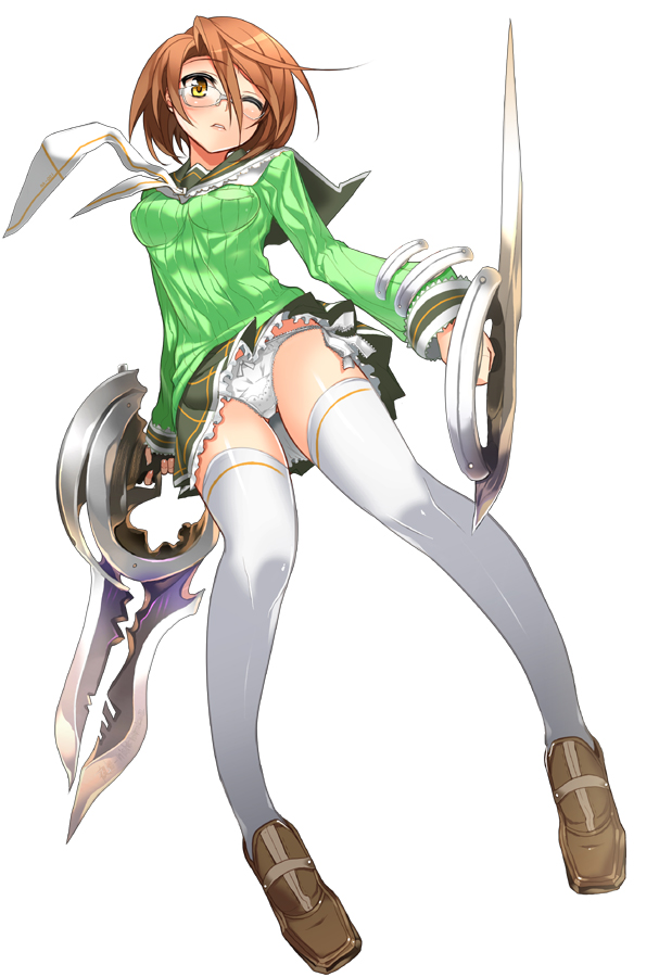 char, original, 1girl, dual wielding, female focus, glasses, holding, one eye closed, panties, pantyshot, short hair, solo, thighhighs, underwear, upskirt, weapon, white thighhighs, wink