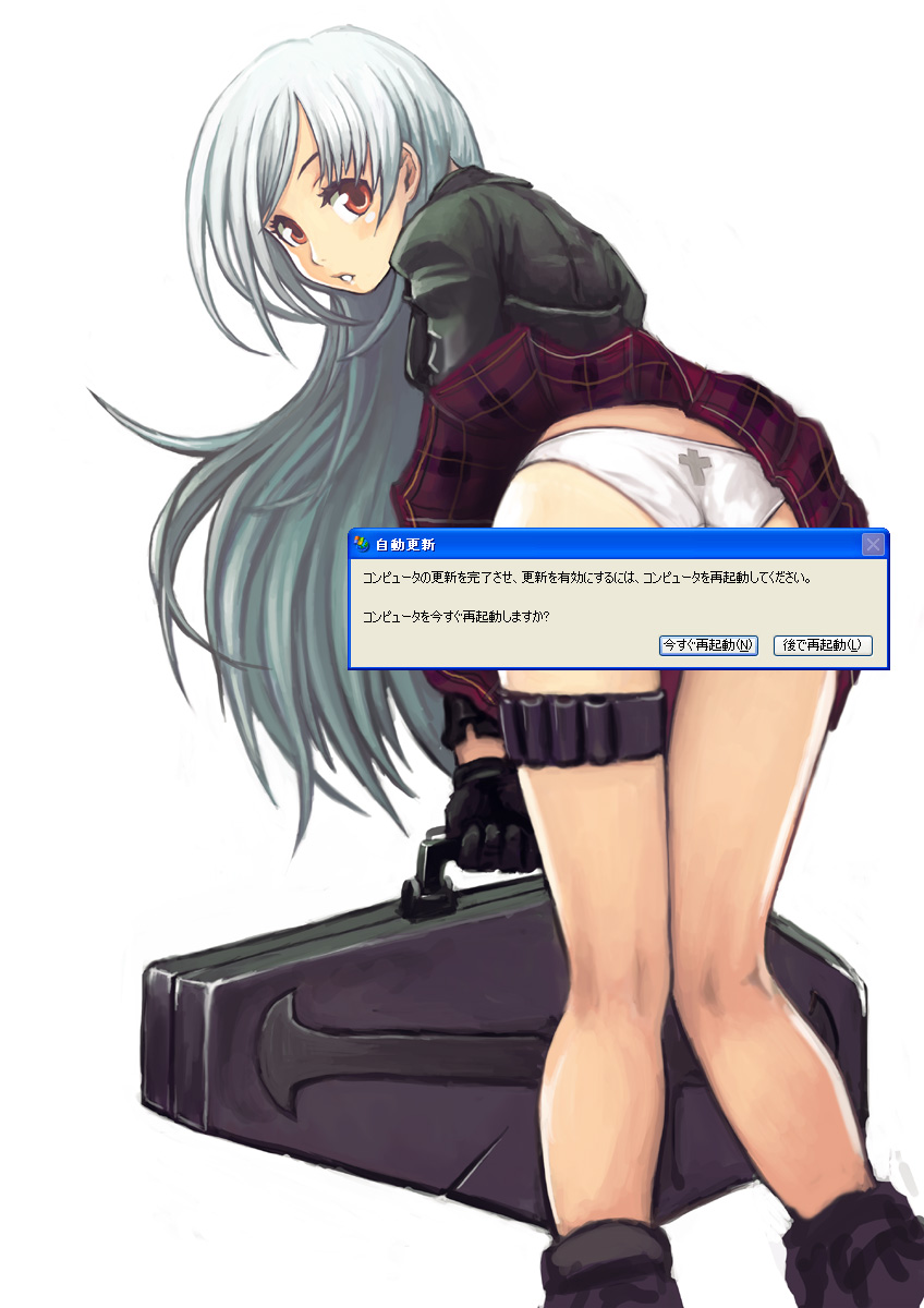 motsu rebaa, microsoft windows, original, windows xp, highres, translation request, 1girl, ass, female focus, kneepits, long hair, panties, pantyshot, school uniform, simple background, solo, underwear, white hair