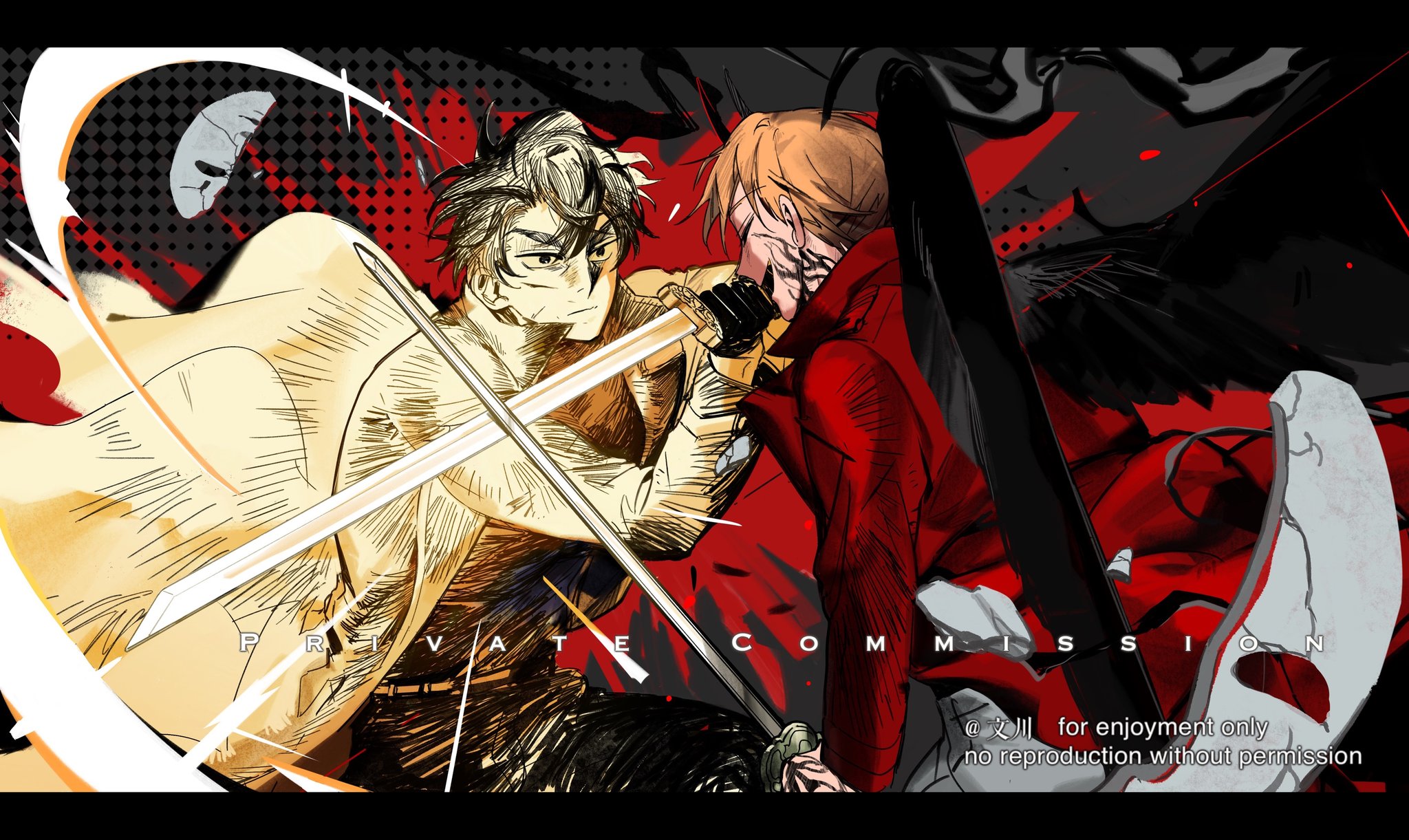yoo joonghyuk, omniscient reader's viewpoint, commentary, english commentary, highres, 2boys, black gloves, black hair, black shirt, black wings, blonde hair, broken, cheon inho, coat, colored veins, cowboy shot, demon horns, feathered wings, fighting, gloves, grin, halftone, holding, holding sword, holding weapon, horns, letterboxed, looking at another, male focus, motion lines, multiple boys, narrowed eyes, nicayuko, open clothes, open coat, popped collar, porcelain, scar, scar on face, serious, shirt, short hair, smile, sword, weapon, white coat, wings