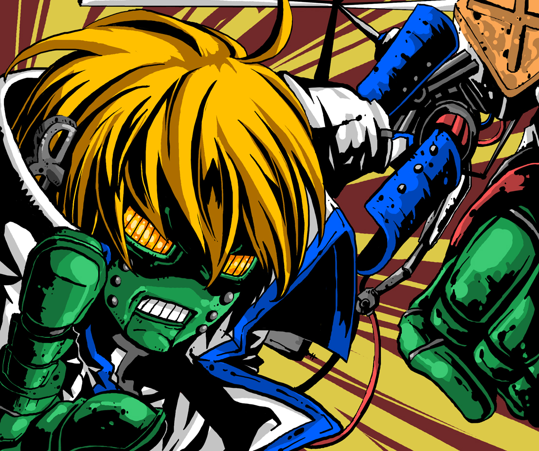 suparu (detteiu), robo-ky, arc system works, guilty gear, brown hair, clenched hand, clenched teeth, clothed robot, humanoid robot, machinery, monster, no humans, non-humanoid robot, robot, short hair, teeth, upper body