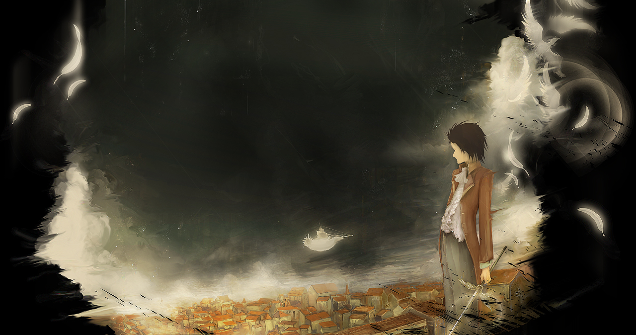 taron (tatataron), artoria pendragon (fate), saber (fate), fate (series), bad id, bad pixiv id, 1boy, bird, brown hair, building, feathers, jacket, male focus, night, sky, solo, sword, village, weapon