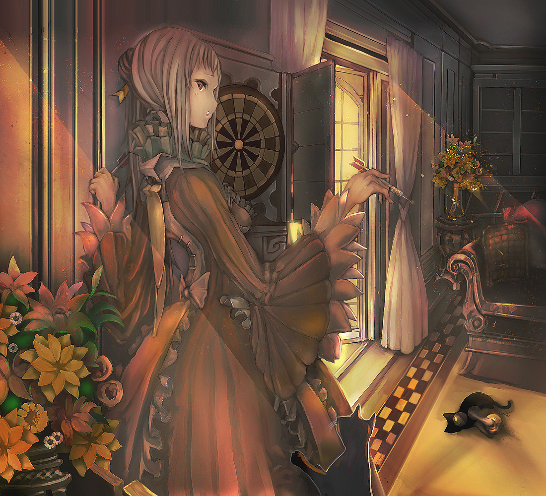 taron (tatataron), bad id, bad pixiv id, blonde hair, cat, couch, dart, dress, flower, open mouth, red eyes, solo
