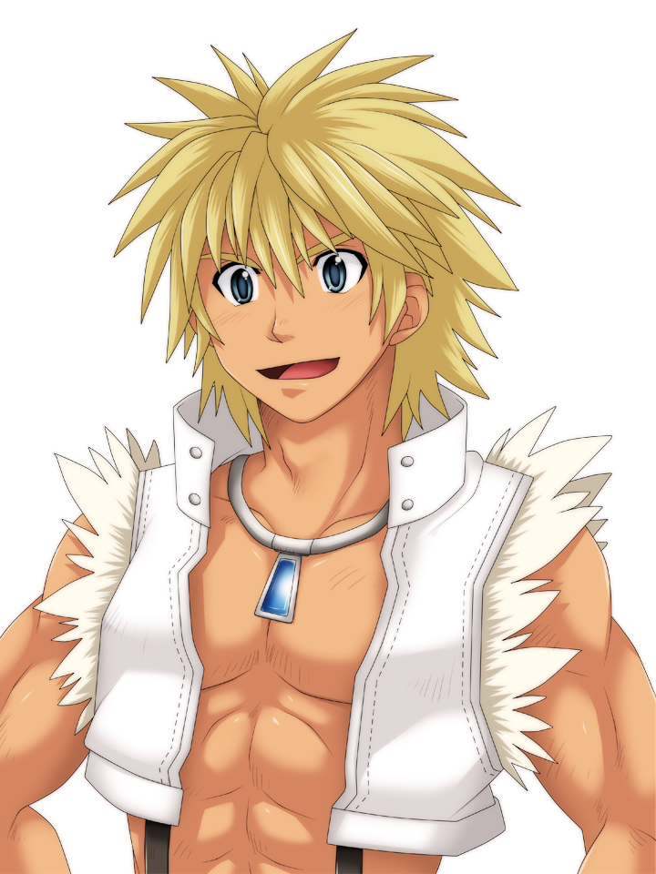 nura, whitesmith (ragnarok online), ragnarok online, commentary request, 1boy, abs, blonde hair, blue eyes, crop top, fur-trimmed shirt, fur trim, jewelry, looking at viewer, male focus, muscular, muscular male, necklace, open clothes, open mouth, open shirt, pectorals, shirt, simple background, sleeveless, sleeveless shirt, smile, solo, spiked hair, suspenders, upper body, white background, white shirt